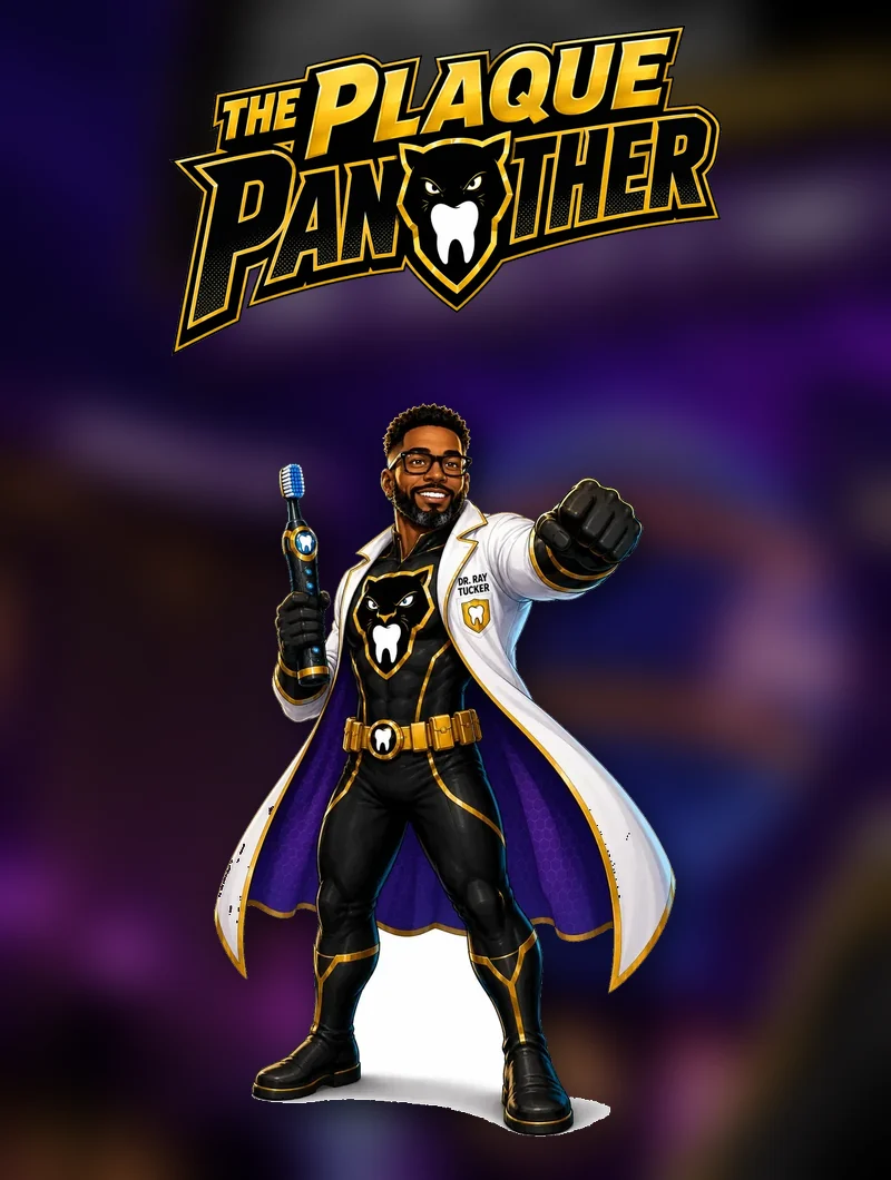 The Plaque Panther comic cover: Dr. Ray Tucker in his panther suit and white coat on the Las Vegas Strip at night