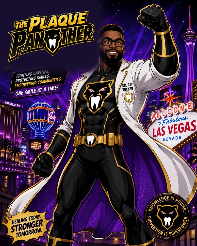 The Plaque Panther comic cover: Dr. Ray Tucker in his panther suit and white coat on the Las Vegas Strip at night