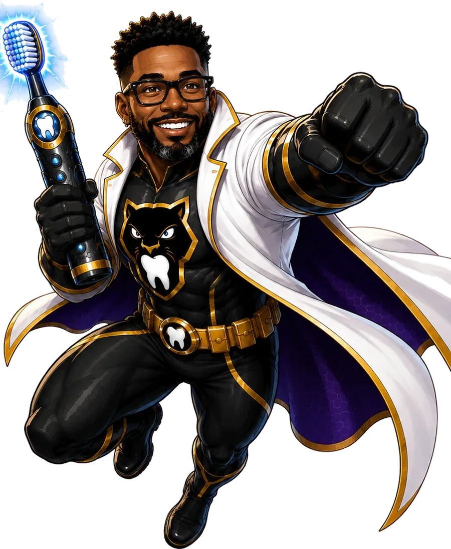Dr. Ray Tucker as The Plaque Panther, leaping forward in his black and gold panther suit and white coat, holding the Sonic Toothbrush Blaster