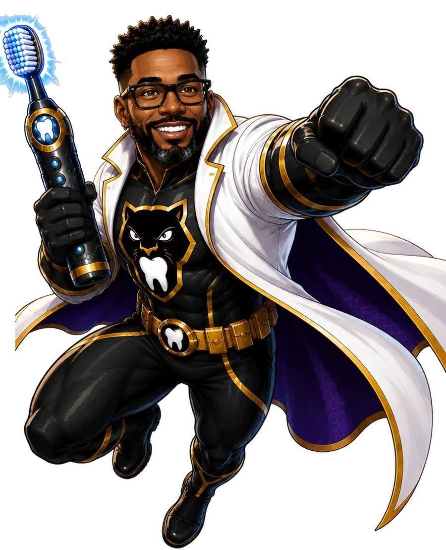 Dr. Ray Tucker as The Plaque Panther, leaping forward in his black and gold panther suit and white coat, holding the Sonic Toothbrush Blaster