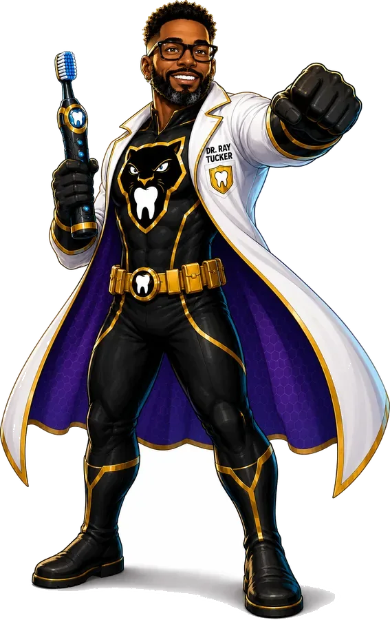 Illustration of Dr. Ray Tucker as The Plaque Panther standing with his sonic toothbrush