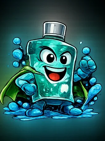 Rinsey, a mouthwash bottle superhero waving