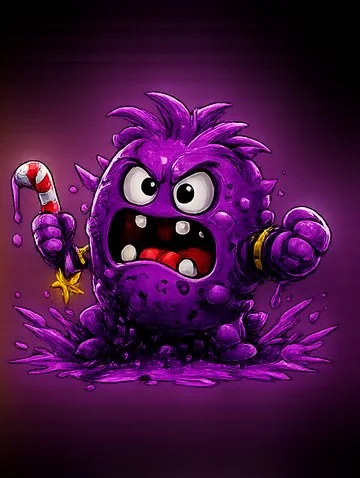Plaque Punk, a purple fuzzy villain holding a candy cane